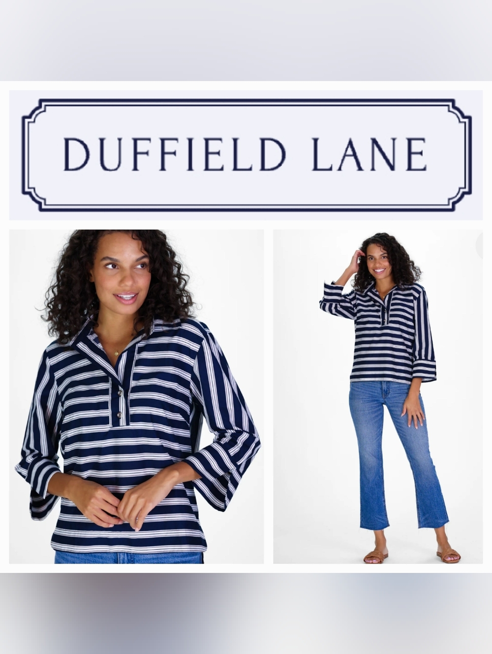 Duffield Lane 100% Cotton Toni Top Bold Navy & Tan Stripe Sz L